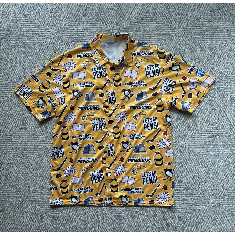 Pittsburgh Penguins Let's Go Pens Short‎ Sleeve Button Shirt - Yellow - XL